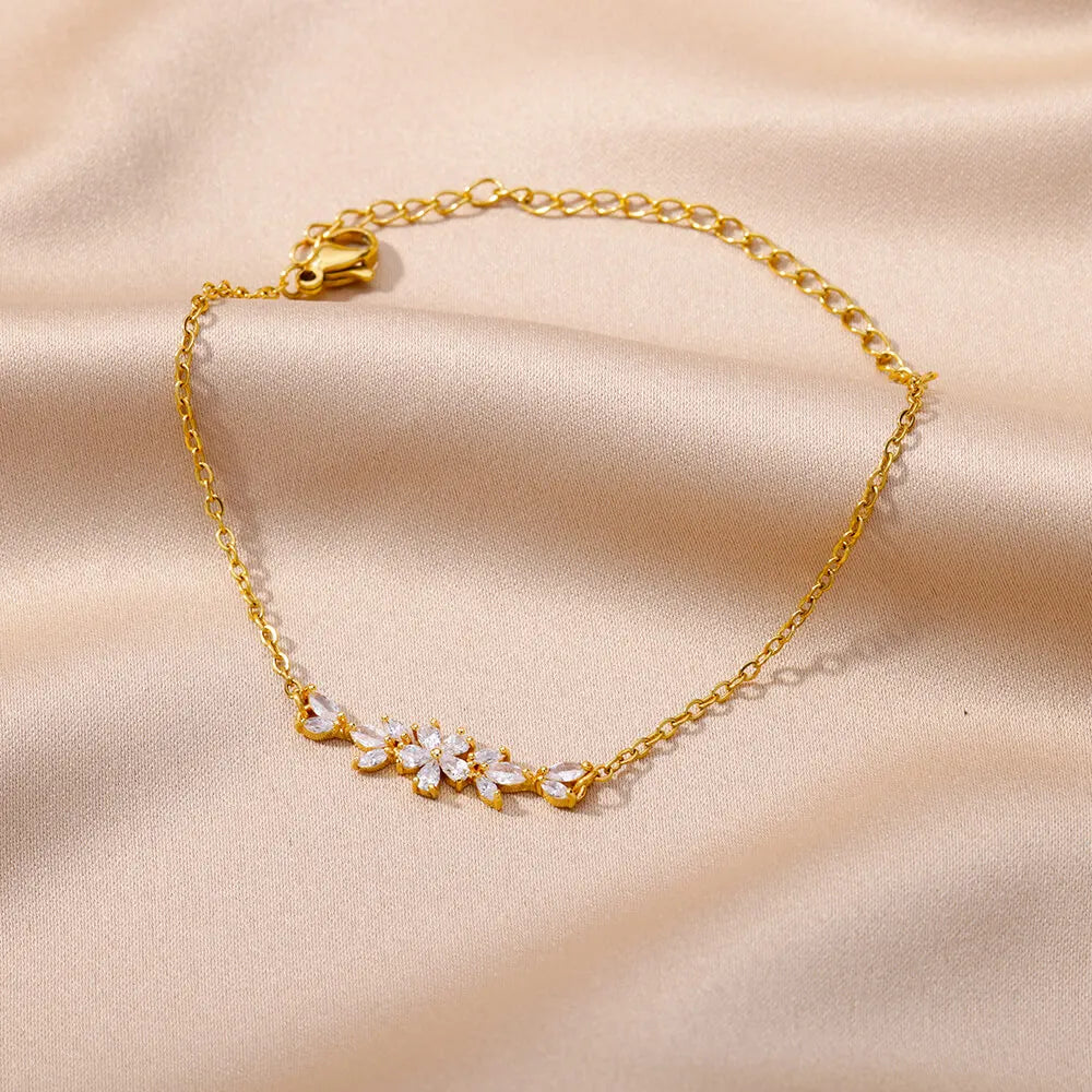 Elegant Zircon Flowers Bracelet For Women Girls Charm Gold Color Stainless Steel Plant Bracelets Luxury Designer Jewelry Gifts Vera Lux