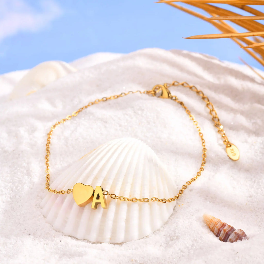 Women Heart Initial Anklet Bracelets Adjustable Beach Jewelry Hypoallergenic Stainless Steel Personalized Name Foot Chain Anklet Vera Lux