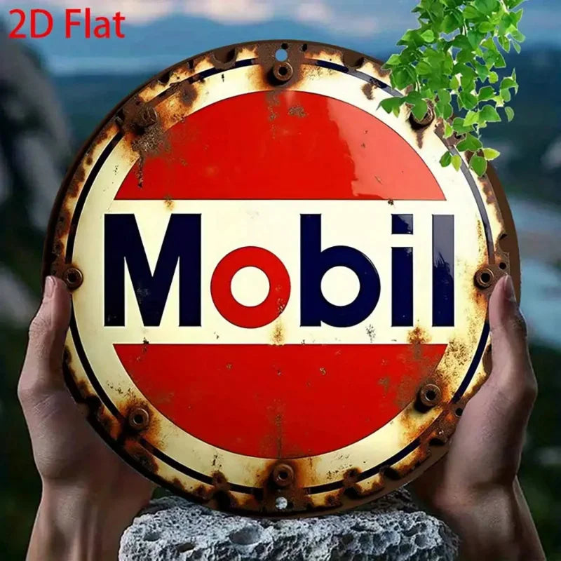 2D Flat 1pc Round - Retro Aluminum Tin Sign - Vintage "Mobil" Gasoline Plaque, 8x8 Inch, Rustic Wall Art for Home Perfecsy