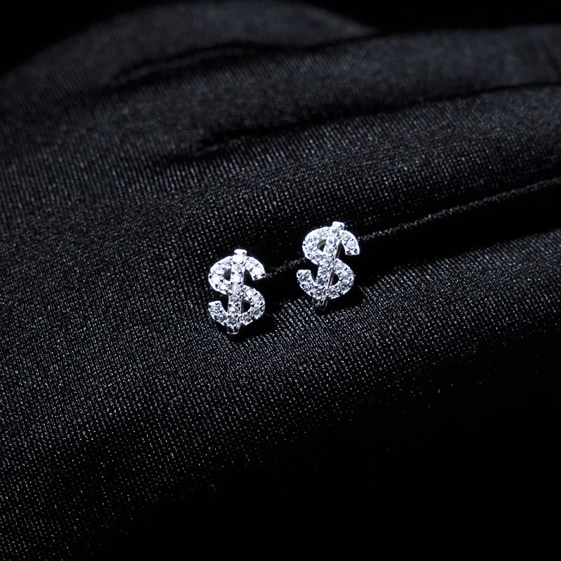 American Full Diamond Dollar Letter Stud Men's Senior Sense Super Flash Hip Hop Trend Niche Men's And Women's Fashion Earrings Vera Lux