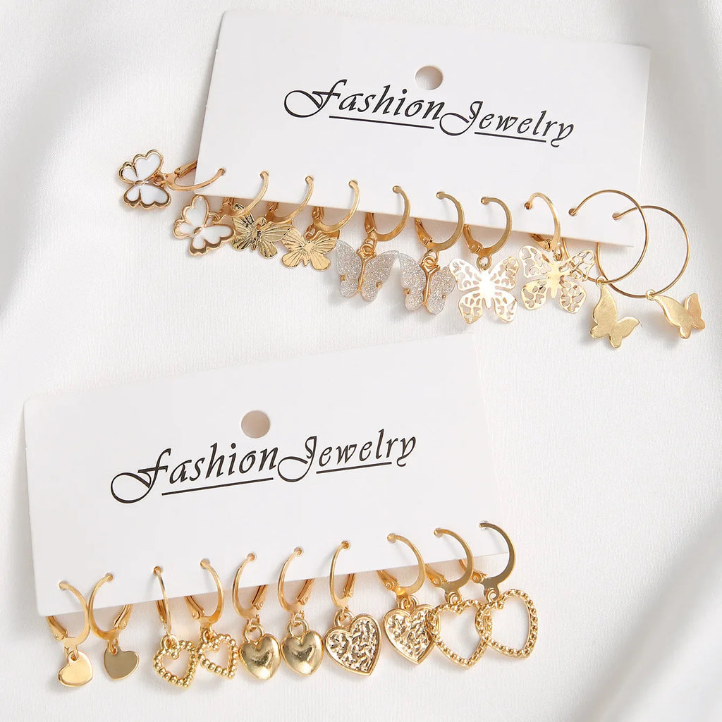 New Gold Color Butterfly Love Hoop Earrings Set New Creative Simple Heart Hollow Dangle Earring for Women Fashion Trendy Jewelry Vera Lux
