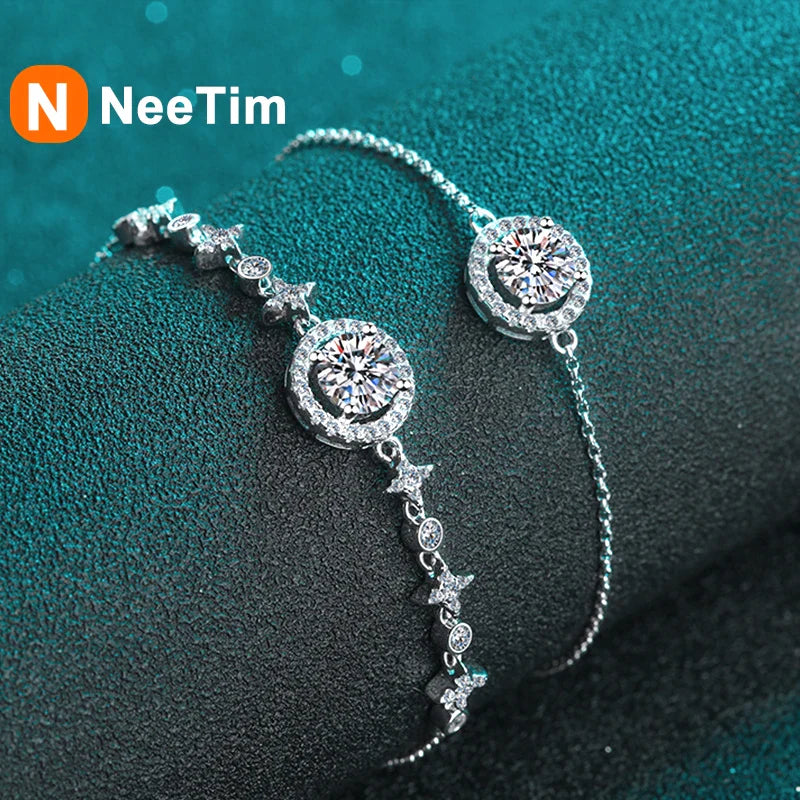 NeeTim 1ct 6.5mm Moissanite Bracelet for Women 925 Silver Sterling with 18k Gold Plated Luxury Wedding Party Bracelets Wholesale Vera Lux