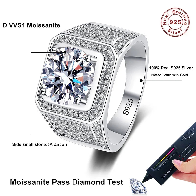 NeeTim D Color 10 Carat Moissanite Ring for Men S925 Sterling Silver Plated with White Gold Luxury Man Wedding Ring Fine Jewelry Vera Lux