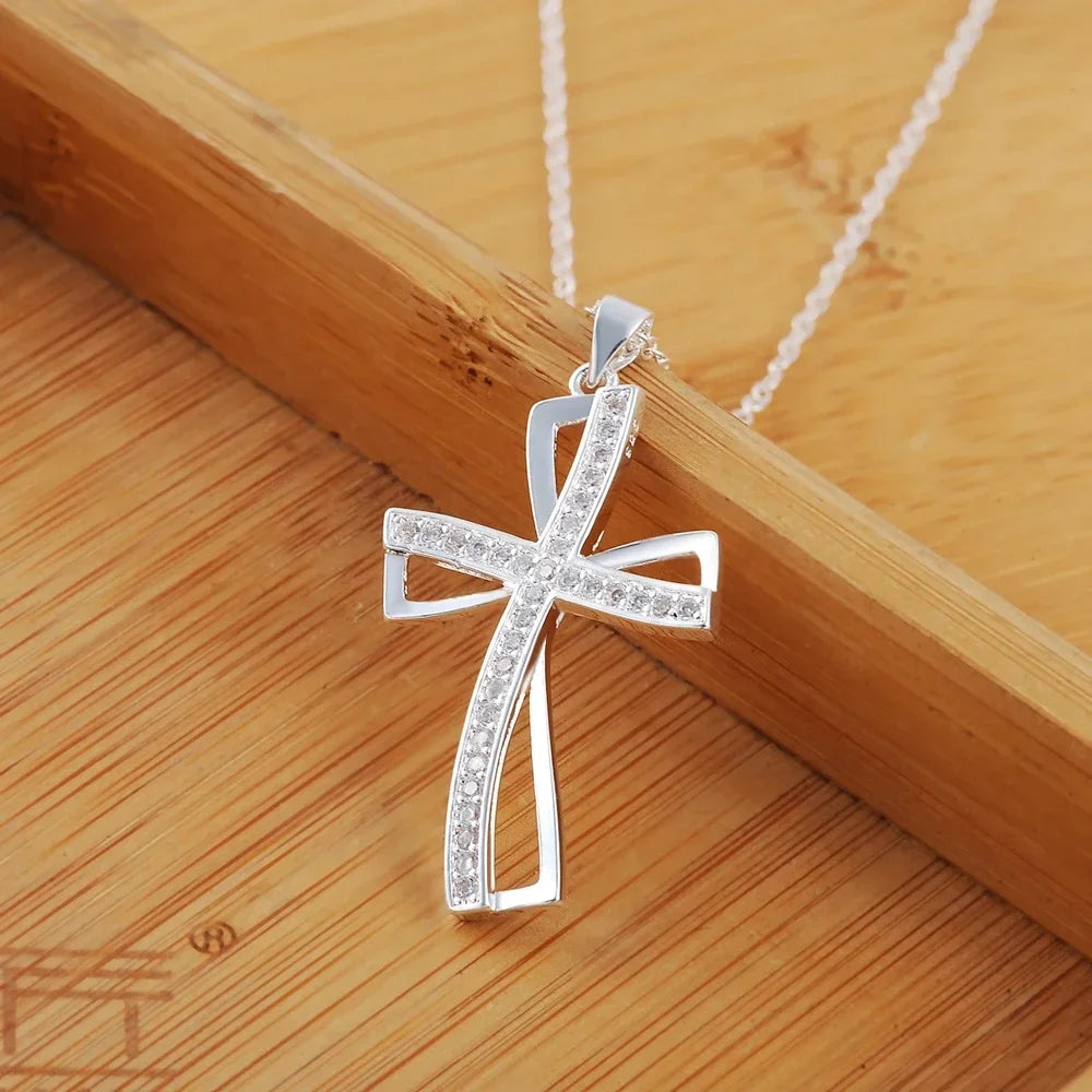 Promotions 45cm 925 sterling silver necklace charm for women cyrstal Cross pendant chain jewelry fashion cute wedding party Vera Lux