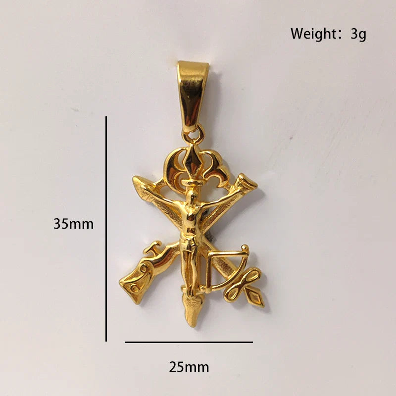 Men's Jesus Cross Necklace 18K Gold Plated Stainless Steel Christian Gun Arrow Pendant Religious Jewelry Gift Vera Lux
