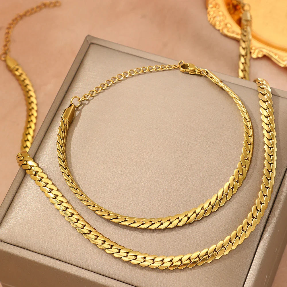 Aomogo Stainless Steel Simple Flat Cuban Chain Bracelet Necklace Jewelry Set 18k Gold Plated Fashion Thick Chain Fashion Jewelry Vera Lux