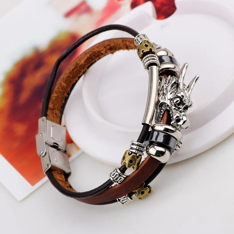 Trend Personalized Jewelry Handmade Leather Dragon Bracelet Men Vintage Multilayer Bracelets Bangles Cuff Bracelet Pulsera Vera Lux