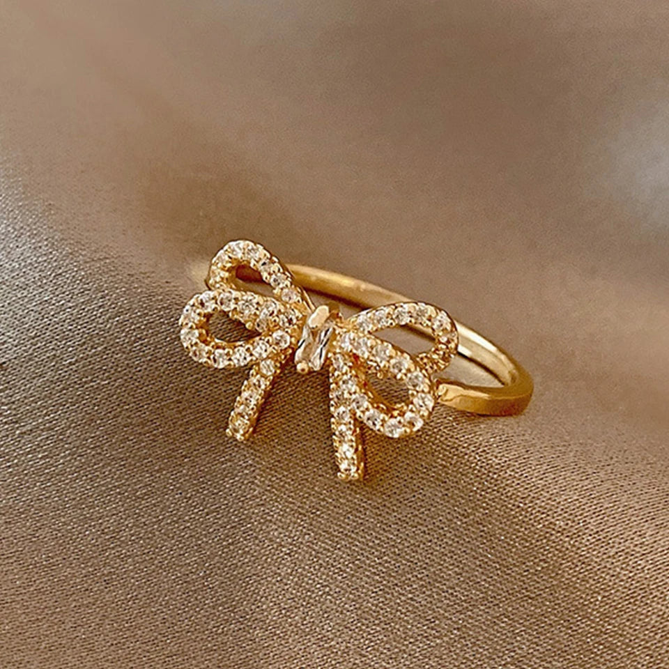 Yupsk Korean Fashion Micropaved Crystal Zirconia Bow Ring for Women Girls Exquisite Ins Trendy Minimalist Finger Rings Jewelry Vera Lux