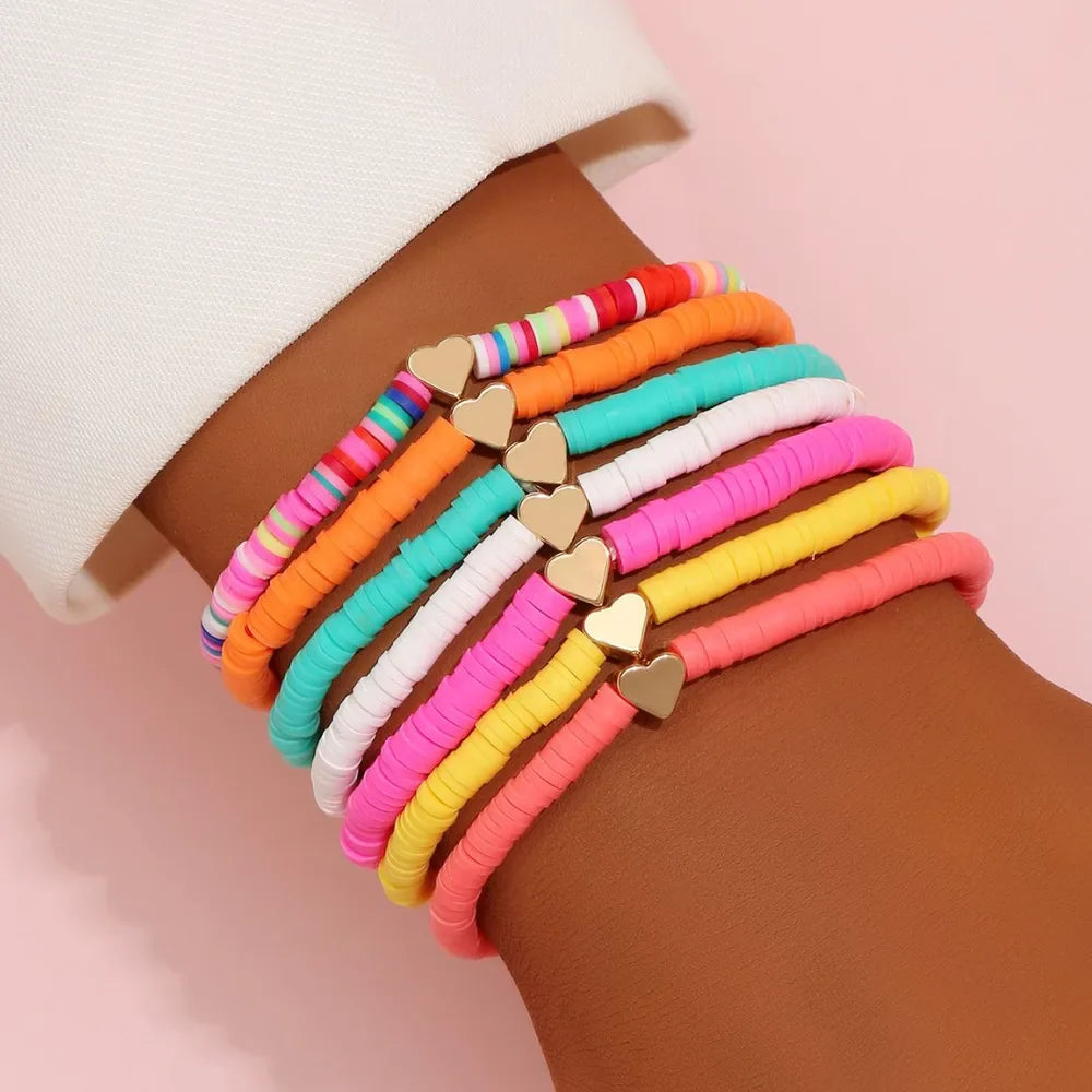 Fashion Rainbow Stackable Bracelets Set For Women Heart Charm Soft Clay Pottery Layering Beads Chain Bangle Female Boho Jewelry Vera Lux