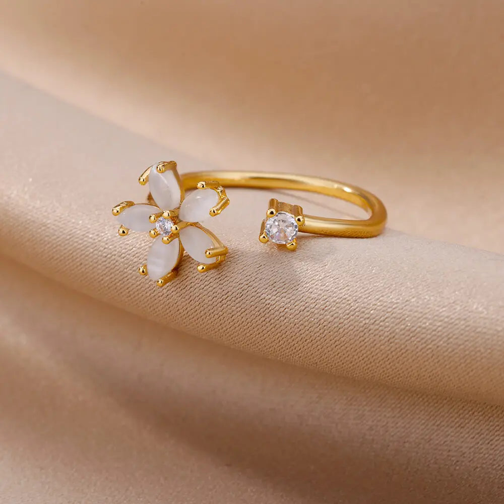 Opal Flower Rings For Women Cubic Zirconia Openning Stainless Steel Flower Ring Wedding Floral Aesthetic Jewelry anillos mujer Vera Lux