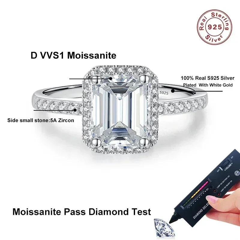 NeeTim 1ct 2ct Moissanite Ring for Women Emerald Radiant Cut Lab Diamond Rings Sterling Silver 925 with Gold Plated Wedding Band Vera Lux