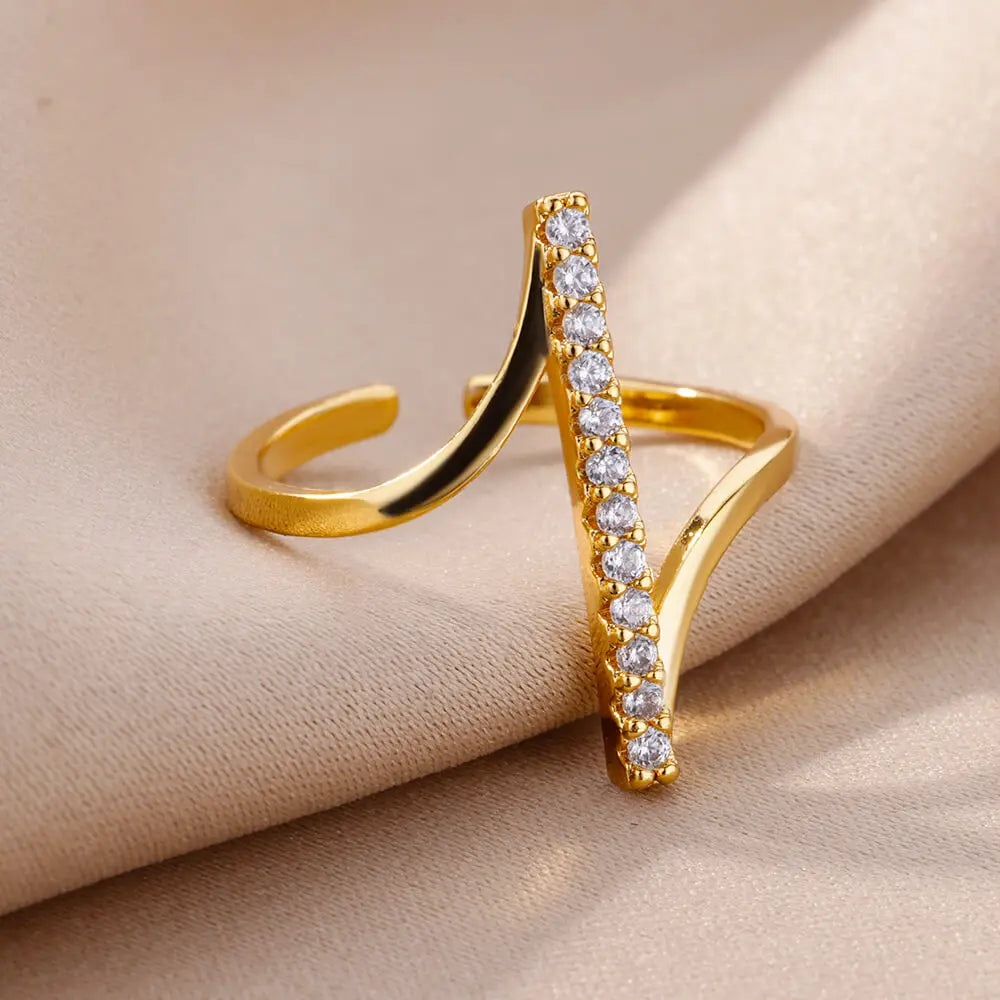Zircon Geometric Rings For Women Gold Color Stainless Steel Opening Ring Luxury Wedding Party Aesthetic Jewerly Gift Femme 2024 Vera Lux