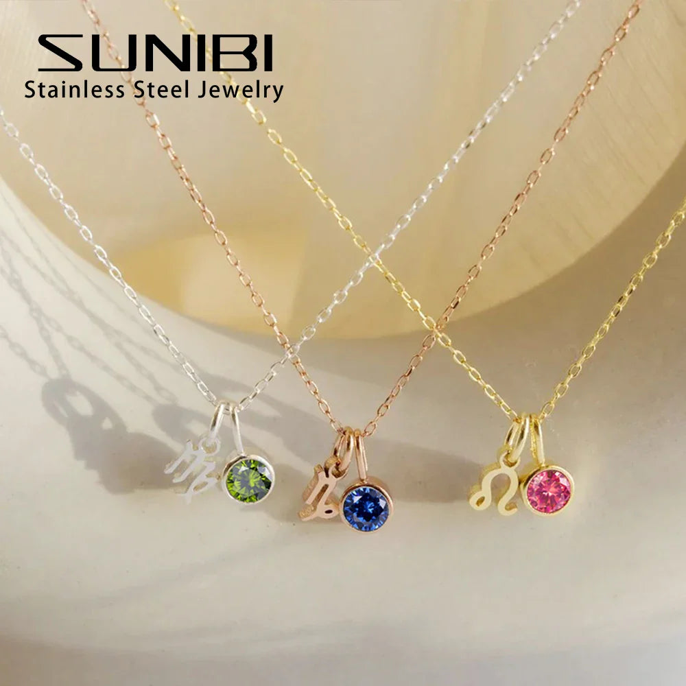 SUNIBI Stainless Steel Birthstone Zodiac Double Pendant Necklace for Woman12 Constellation Birthday Gift DIY Jewelry Wholesale Vera Lux