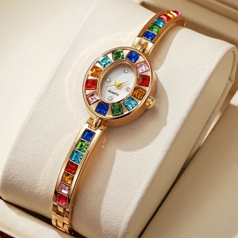 Dropshipping Women Quartz Watches New Fashion Rainbow Rhinestone Strap Oval Dial Bracelet Watch Wholesale Wristwatches Reloj Vera Lux