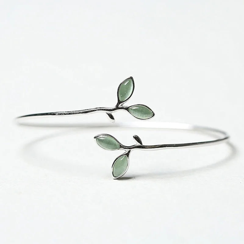 VENTFILLE 925 Stamp Silver Color Bangle for Women Green Opal Leaf Twigs Branch Jewelry Girls' Gift Dropshipping Vera Lux