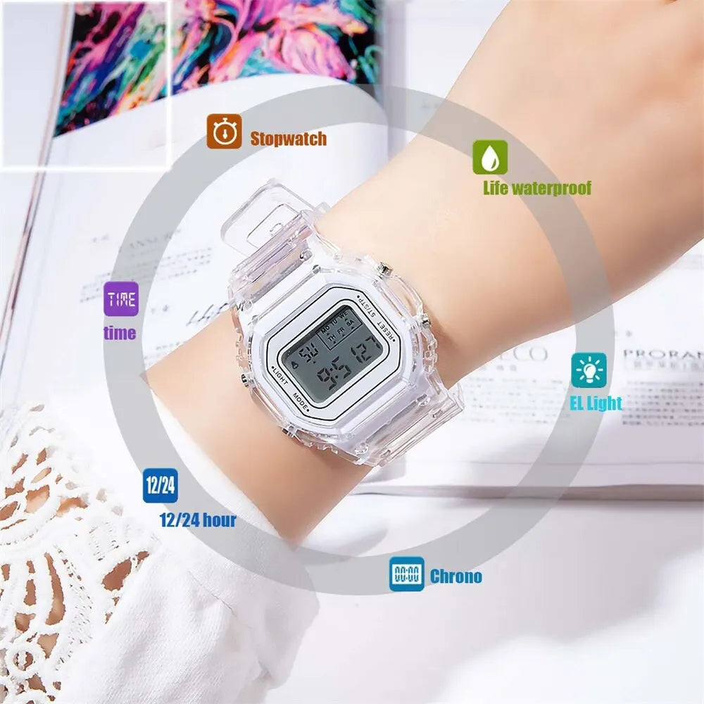Sports Electronic Watch Men and Women Square Junior High School High School Students White LED Digital Watches Vera Lux