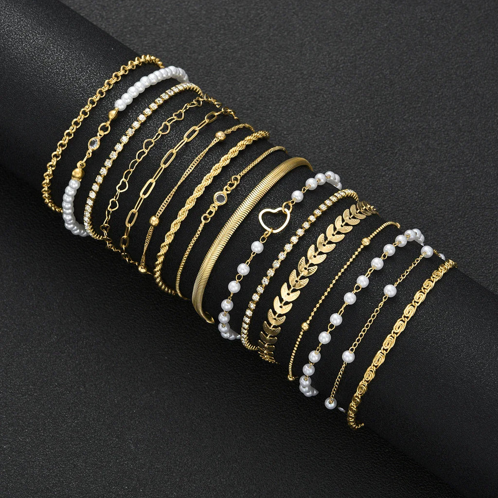 16pcs Minimalist Heart Pearl Rhinestone Snake Chain Bracelet Set for Women Elegant Gold Color Dates Vacations Daily Wear Jewelry Vera Lux