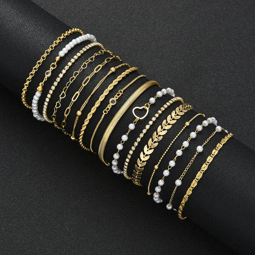 16pcs Minimalist Heart Pearl Rhinestone Snake Chain Bracelet Set for Women Elegant Gold Color Dates Vacations Daily Wear Jewelry Vera Lux