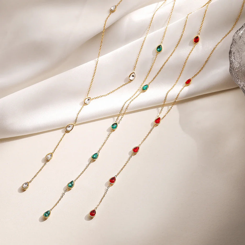 NEWBUY Fashion Gold Color Stainless Steel Choker Necklaces For Women Delicate White/Green/Red CZ Zircon Inlay Jewelry Vera Lux