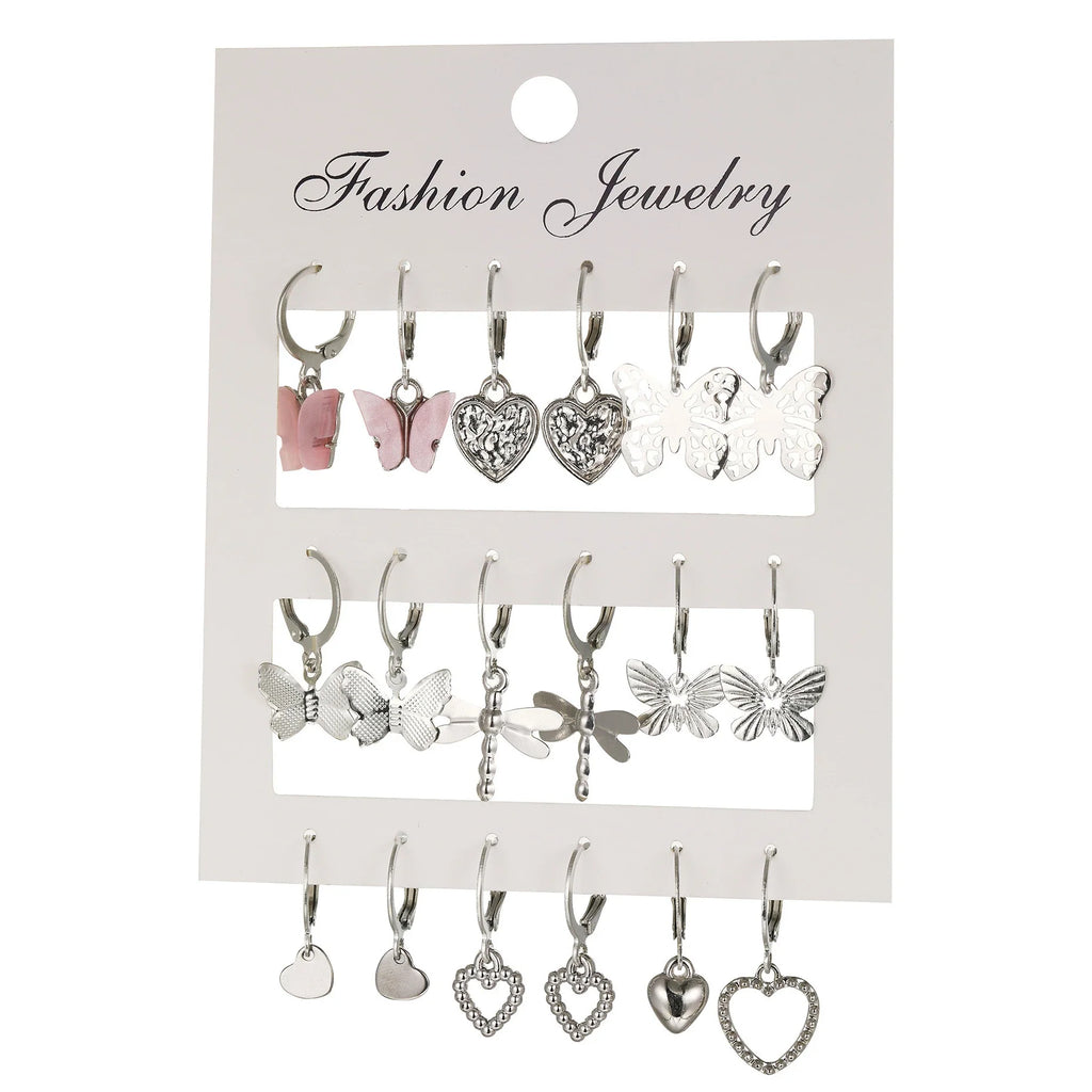 9 Pcs Cute Butterfly Heart Drop Earrings Set Fashion Gold Silver Color Girls Geometric Metal Acrylic Earrings 2024 Jewelry Gifts Vera Lux