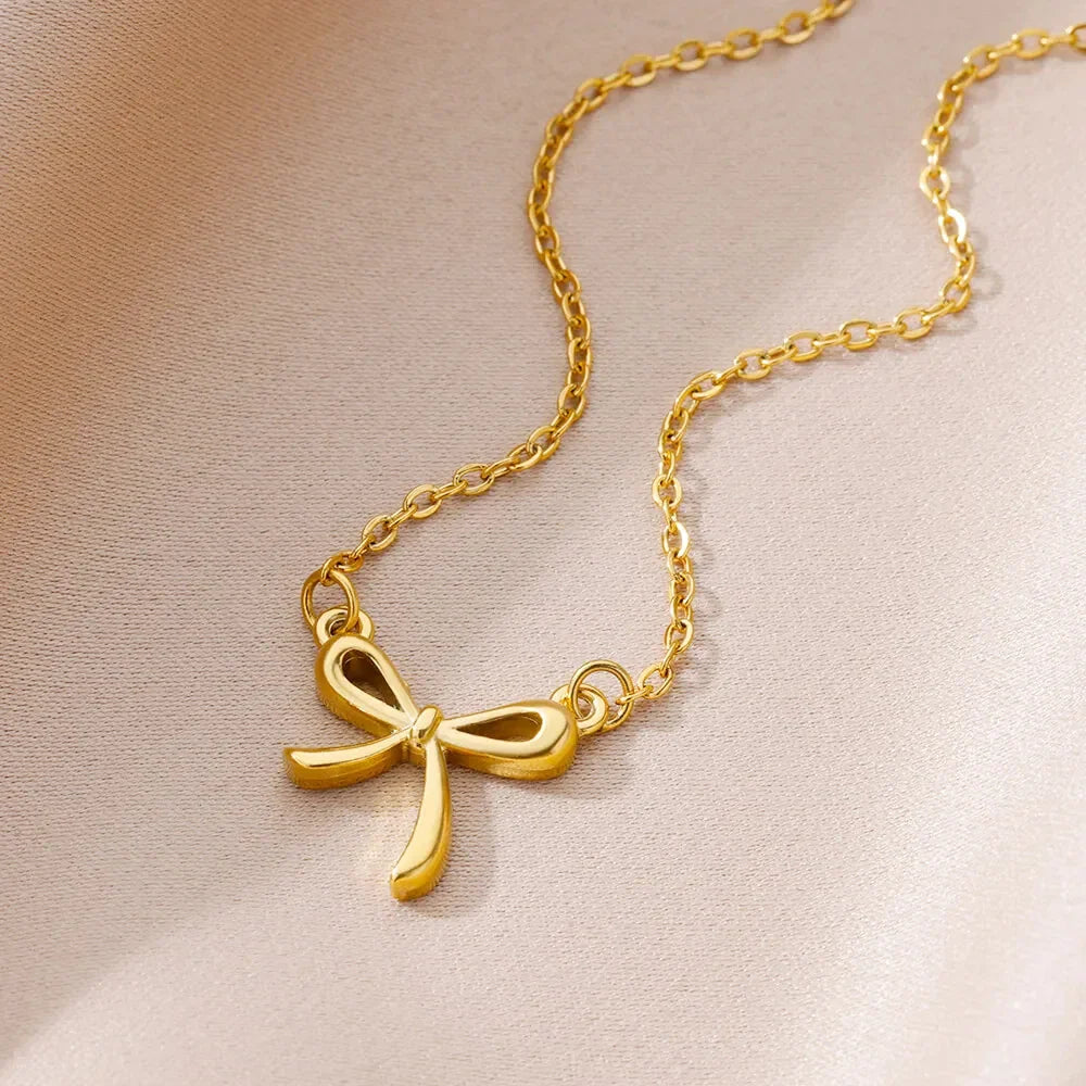 Stainless Steel Bowknot Lucky Necklace For Women Gold Color Korean Necklaces Female Aesthetic Choker Jewelry Daily Accessories Vera Lux