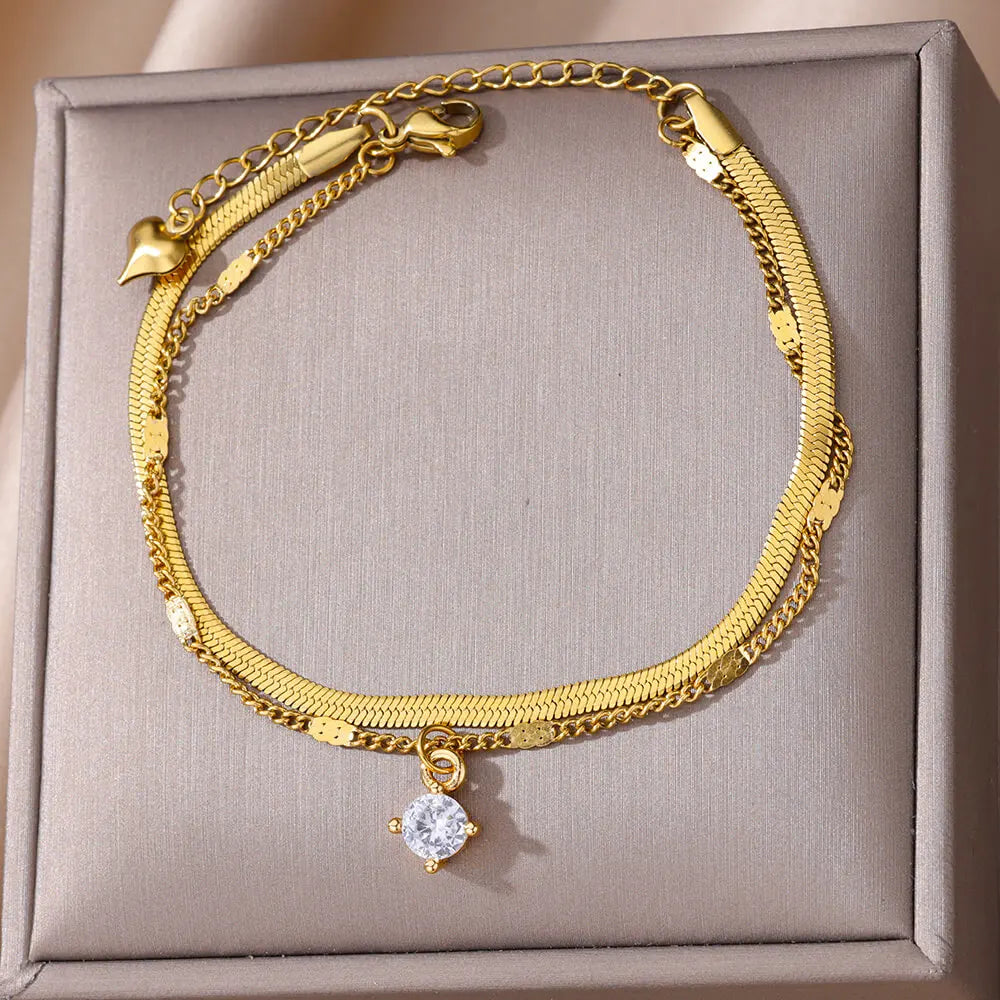Zircon Circle Bead Anklets For Women Gold Color Stainless Steel Anklet Double Snake Chain Summer Beach Accessories Jewelry Gift Vera Lux