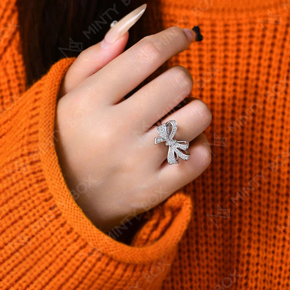 MINTYBOX S925 Sterling Silver Bowknot Lab Moissanite Engagement Ring for Women Luxury Diamond Rings Wedding Fine Jewelry Gift Vera Lux