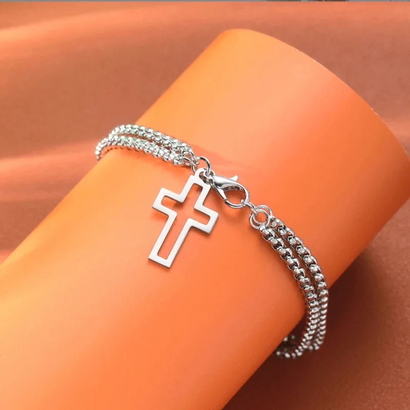 1pcs Bracelet Stainless Steel Thick Chain Cross Hollow Cross Pendant Double Bracelet Personality Niche High-grade Hand Jewelry Vera Lux