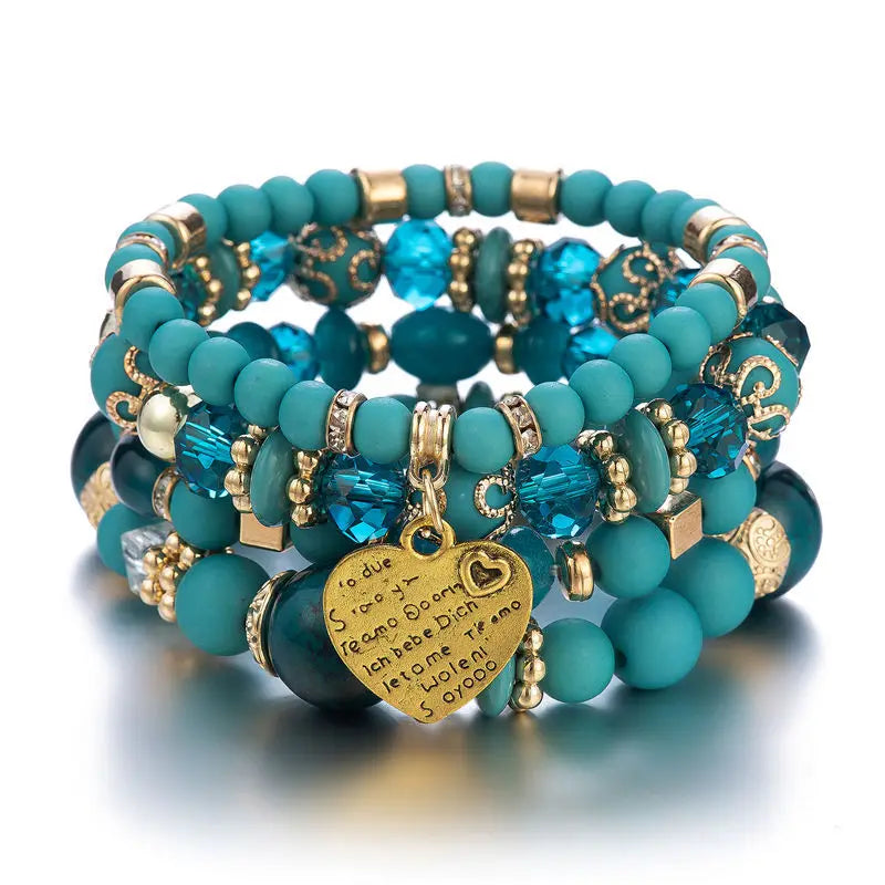 4Pcs Boho Crystal Beads Chain Bracelet Set For Women Vintage Heart Charm Elastic Bangle Female Fashion Party Jewelry Vera Lux