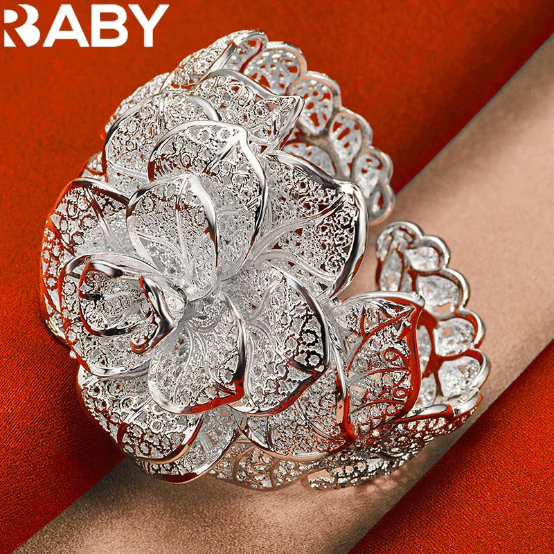 925 Sterling Silver Exquisite Pretty Camellia Flower Bracelet Bangles For Woman Charm Jewelry Wedding Engagement Fashion Party Vera Lux