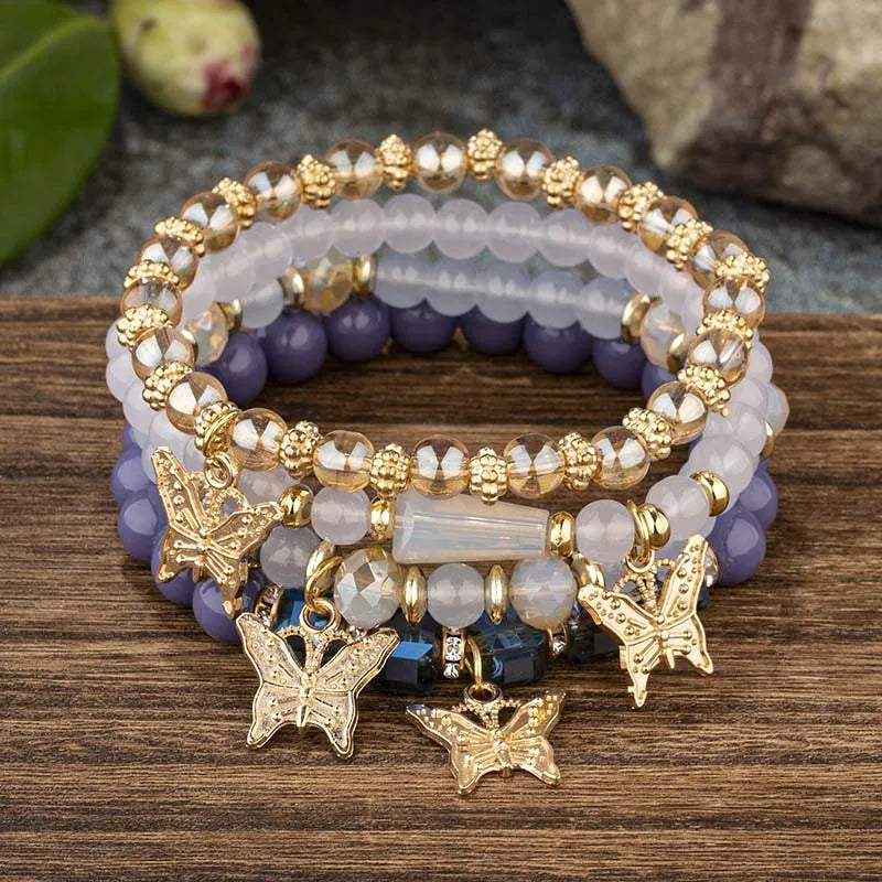 4Pcs Bohemian Butterfly Charm Bracelet Set For Women Crystal Beads Chain Bangle Female Fashion Party Jewelry Gift Vera Lux