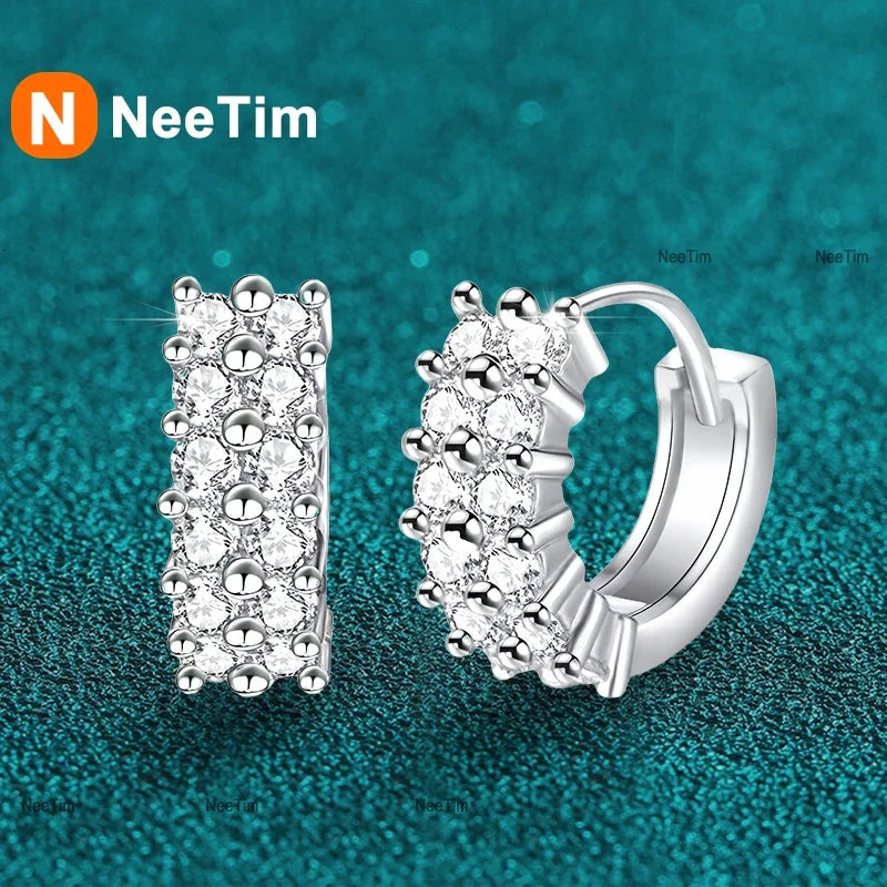NeeTim 2mm Full Moissanite Earrings Women Luxury Quality Party S925 Sterling Silver with White Gold Plated Hoop Wedding Earring Vera Lux