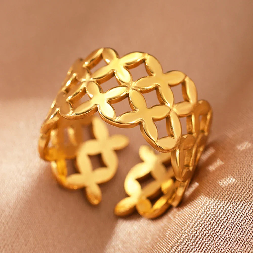 Stainless Steel Rings Vintage Exquisite Hollow Adjustable Open Statement Rings Light Luxury Fashion Rings For Women Jewelry New Vera Lux