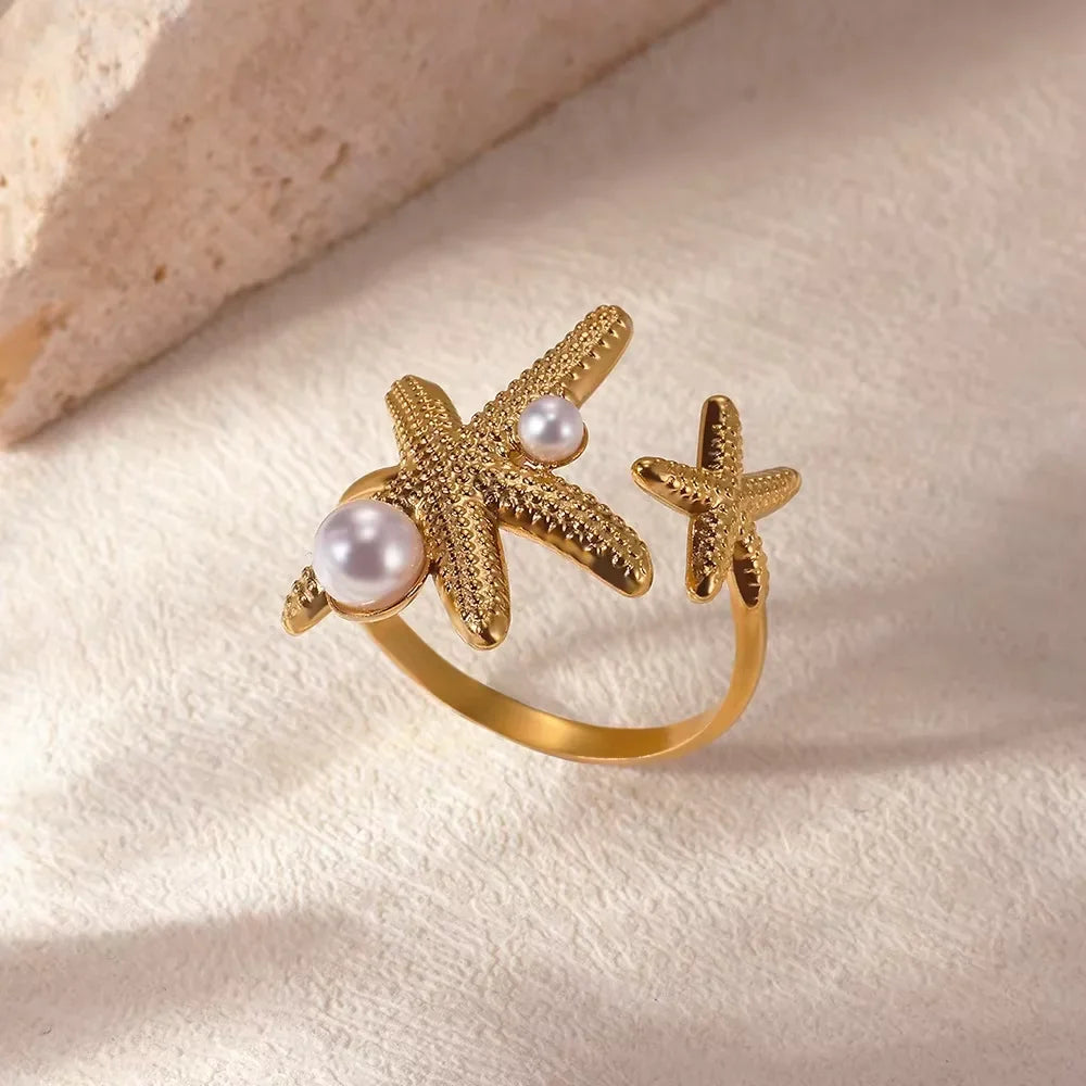 2025 Freshwater Anillos Stainless Steel Pearl Starfish Shell Rings For Women Punk Gold Color Vintage Waterproof Beach Jewelry Vera Lux
