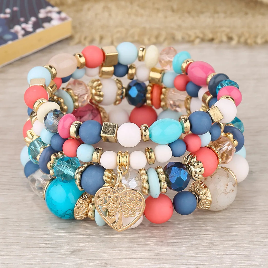 4Pcs Tree of Life Heart Bracelet Set For Women Acrylic Glass Beads Chain Elastic Bangle Female Fashion Party Jewelry Vera Lux