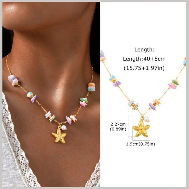 18k Gold Plated Pearl Shell Conch Starfish Summer Beach Necklace, Charms Necklace for Women,Stainless Steel Waterproof Jewelry Vera Lux