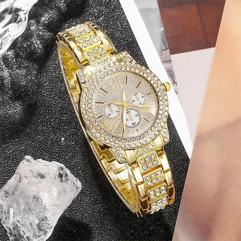 Women's Quartz Watch Gold Luxury Women Ring Necklace Earring Rhinestone Fashion Wristwatch Casual Ladies Watches Jewelry Set Vera Lux