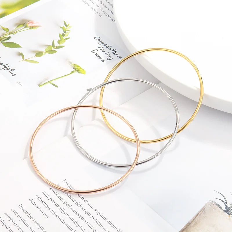 55mm/60mm/65mm Stainless Steel 2mm Thin Plain Polished Slip On Bangle Bracelet for Women Girl Vera Lux