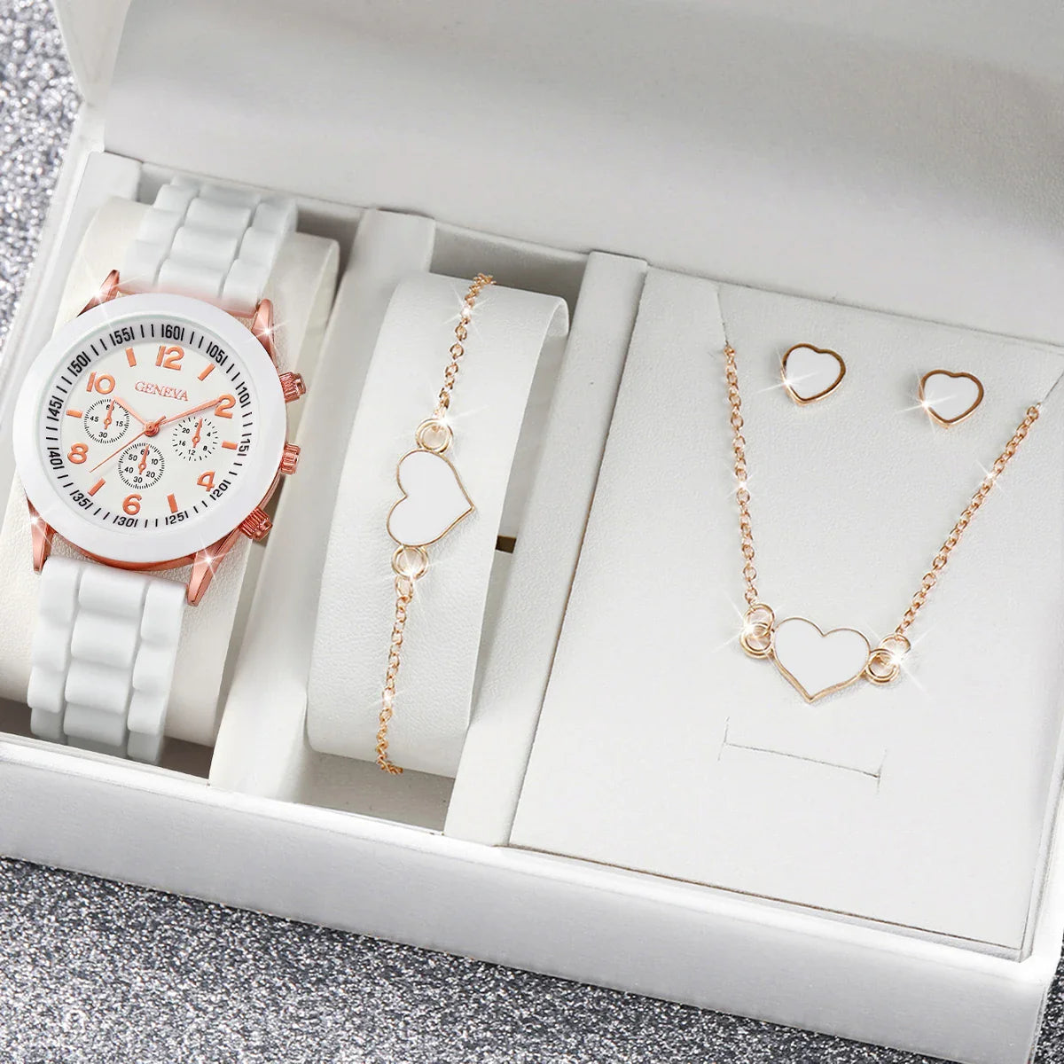 4pcs/set Geneva Watch Fashion Silicone Band Women Quartz Watches Heart Jewelry Set(Without Box) Vera Lux