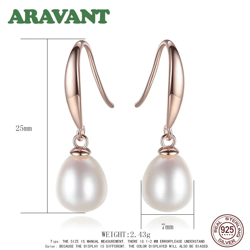 925 Sterling Silver Rose Gold Drop Earrings For Women Freshwater Pearl Earrings Wedding Jewelry White Pink Purple Vera Lux