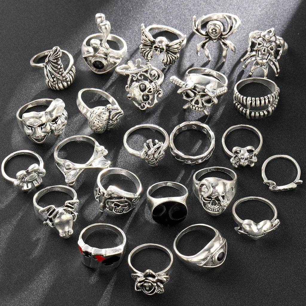 24 Pcs Gothic Skeleton Unisex Ring Set Punk Grunge Butterfly Frog Woman Man Jewelry Hip Hop Party Street Ring Accessories Gift Vera Lux