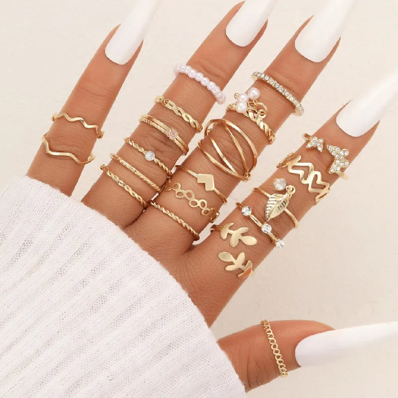 58 Pcs/Set Gold Color Rings Set For Women Men Vintage Hollow Butterfly Pearl Heart Crystal Geometric Rings Trendy Finger Jewelry Vera Lux