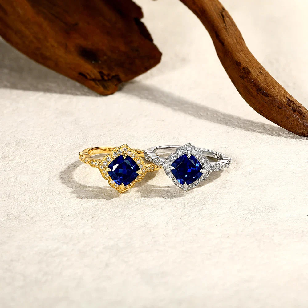 MINTYBOX S925 Silver 2.0ct Cushion Sapphire Engagement Rings for Women Lab Gemstone Halo Ring Wedding Fine Jewelry Bride's gift Vera Lux