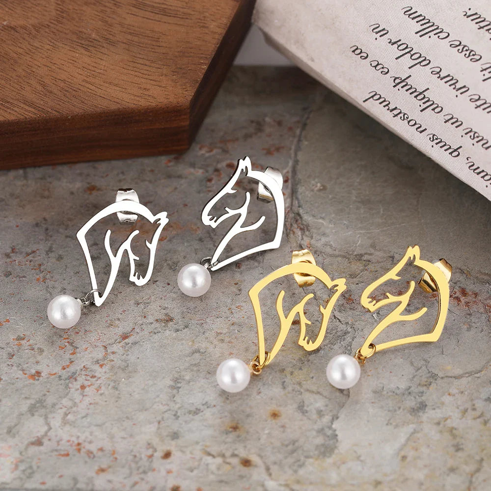 Stainless Steel Earrings 2022 Trend Exquisite Line Horse Design Pearl Charms Pendants Earrings For Women Jewelry Party Gifts NEW Vera Lux
