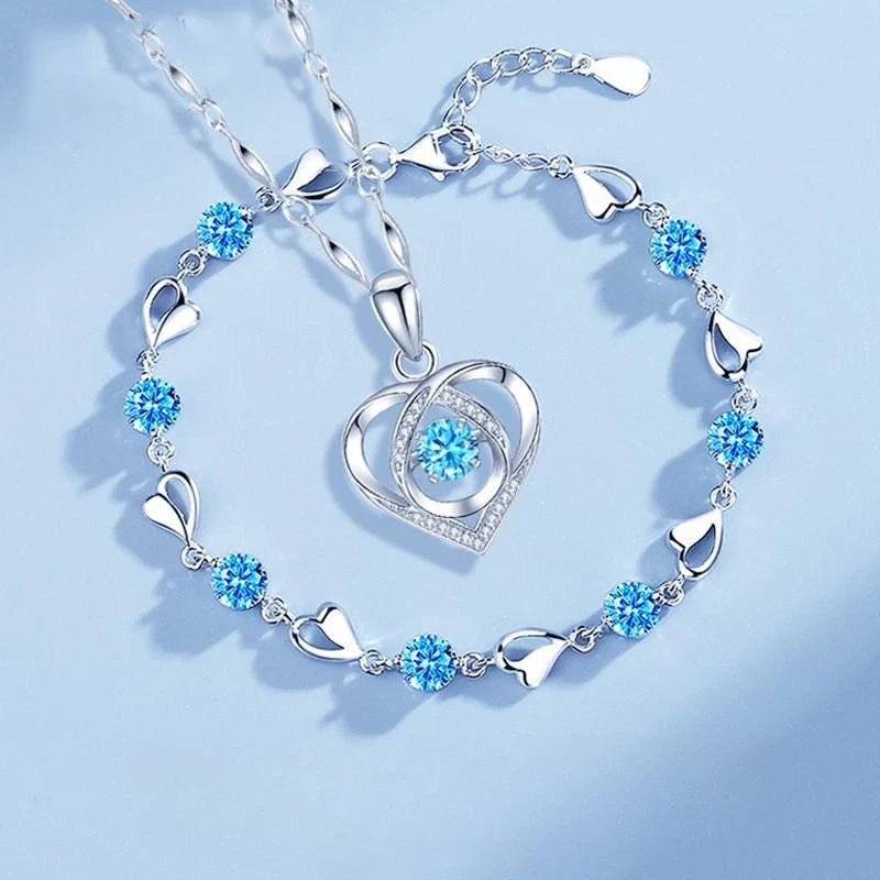 925 Sterling Silver Heart Shaped Necklace Bracelet Set for Women Vintage Korean Crystal Bracelets High Quality Set Party Jewelry Vera Lux
