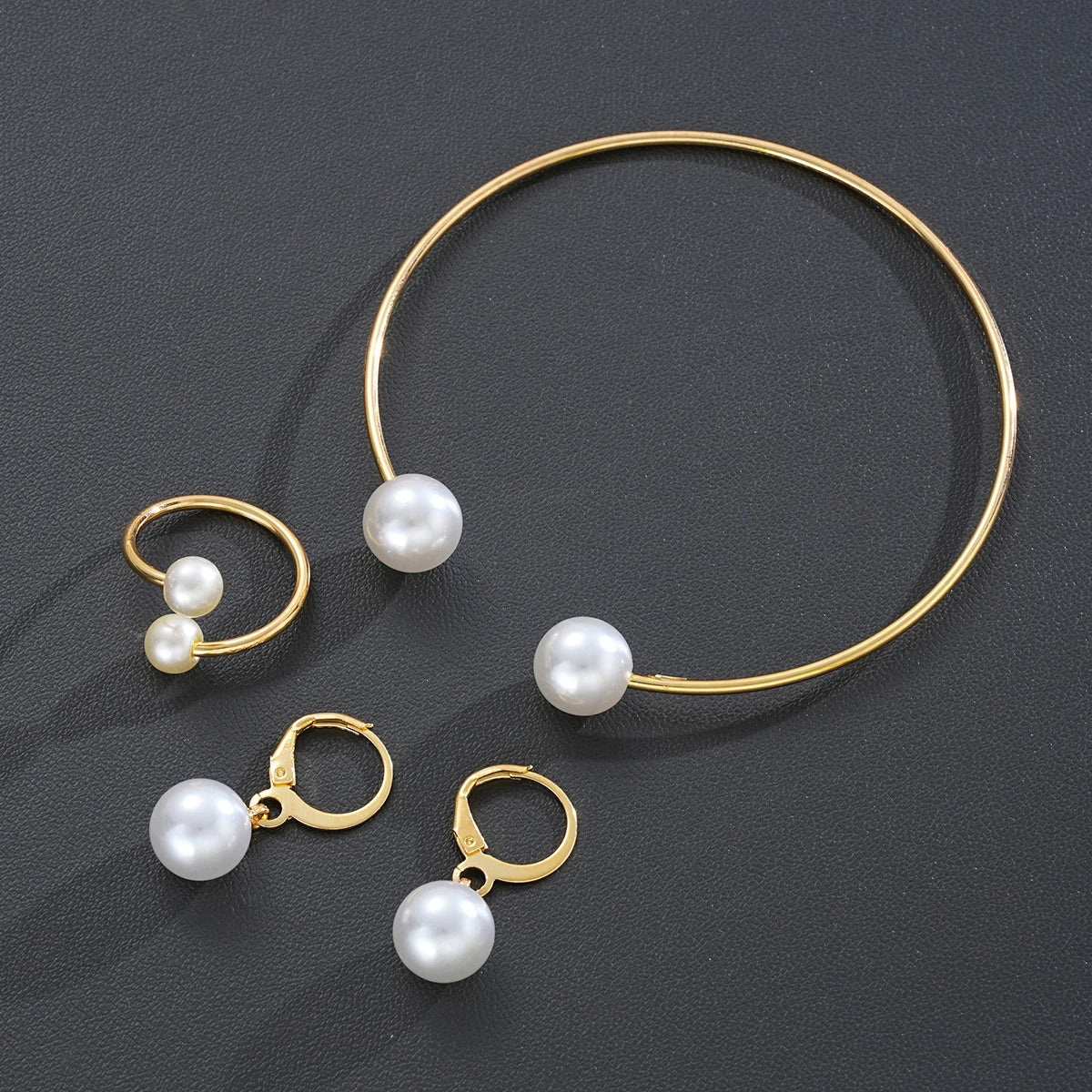 4Pcs/Set Simple Pearl Earrings Ring Bangle for Women Vintage Exquisite Gold Color Jewelry Set Female Wedding Party Jewelry Gifts Vera Lux
