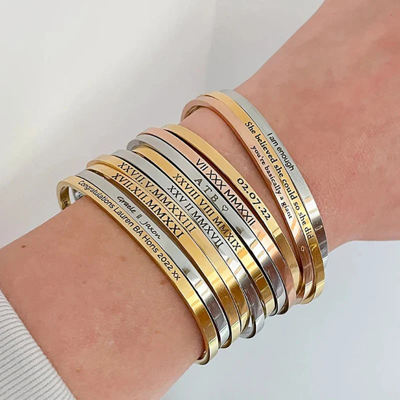 1PC Personalized Engraved Name Stainless Steel Bracelet Custom Words Letters Bracelet Cuff Bangle for Women Men Vera Lux