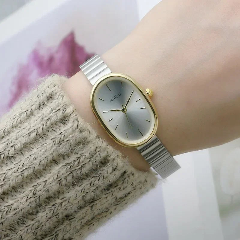 Oval Small Dial Women Quartz Watch Stainless Steel Bamboo Strap Girl Student Leisure Fashion Luxury Gift Wristwatch Dropshipping Vera Lux