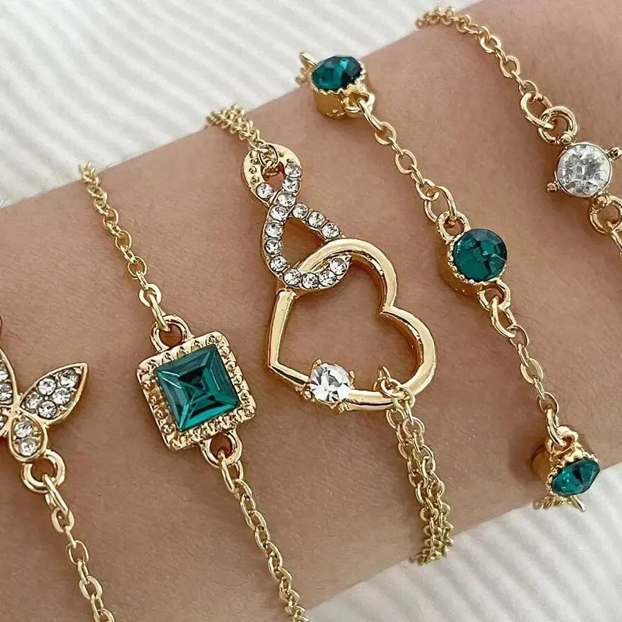 5 PCS Set Hallow Out Heart Green Crystal Stone Bracelet Set For Women Gold Color Lovely Butterfly Rhinestone Girls Bracelet Set Vera Lux