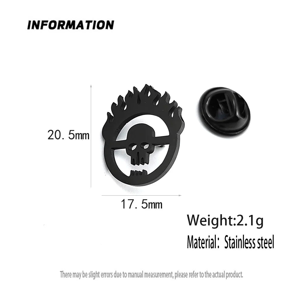 New flame skull men's lapel pin, 316L stainless steel gold-plated badge, black brooch for suit accessories, gift for father Vera Lux